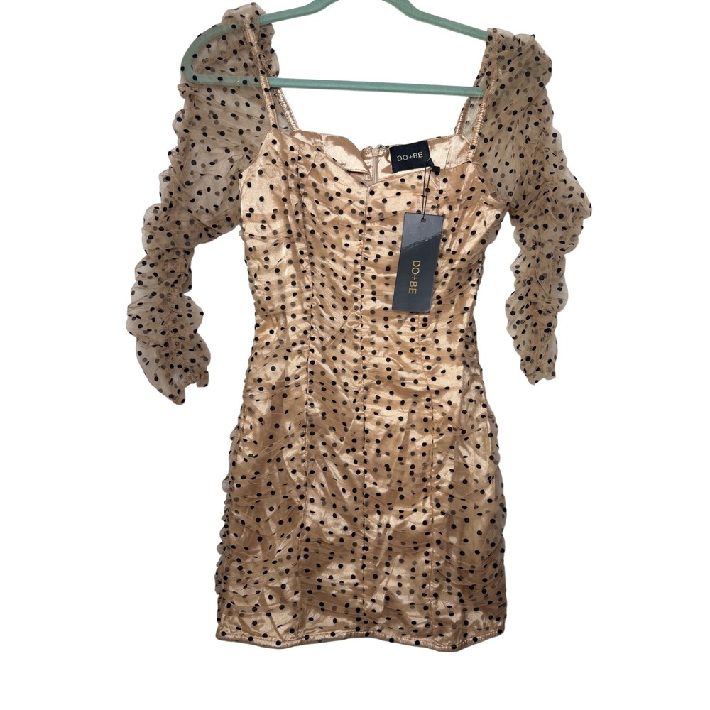 DO+BE Polka Dot Ruched Mesh Mini Dress Gold Black GY0656 NWT Medium Bodycon